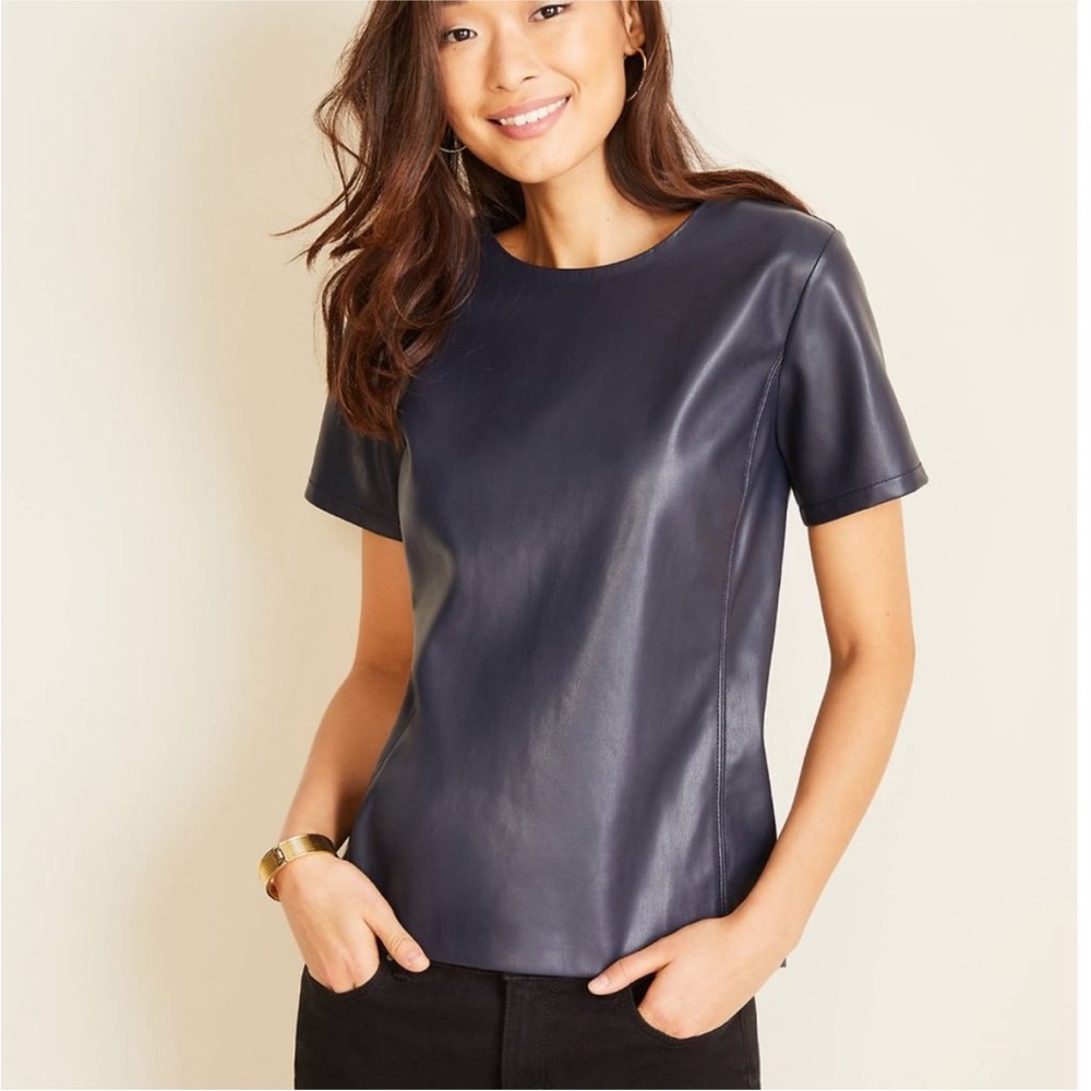 Ann Taylor Vegan Leather Top - Navy